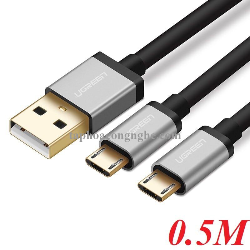 Ugreen 40347 0.5M màu Đen Cáp sạc truyền dữ liệu USB 2.0 sang 2 đầu MICRO USB cao cấp US196 30040347